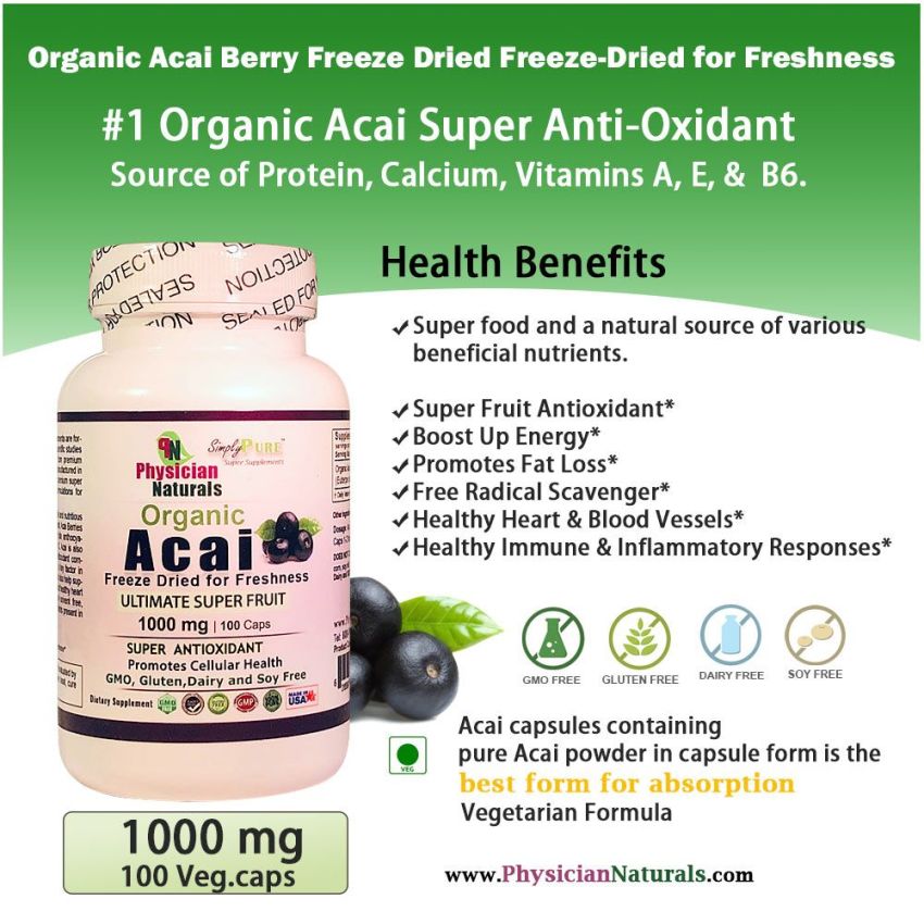 Organic Acai Berry 1000mg-100 Vcaps Freeze Dried Pure Acai Berries — Ultimate Super Fruit Contains Antioxidants & Fiber Strengthen Immune System
