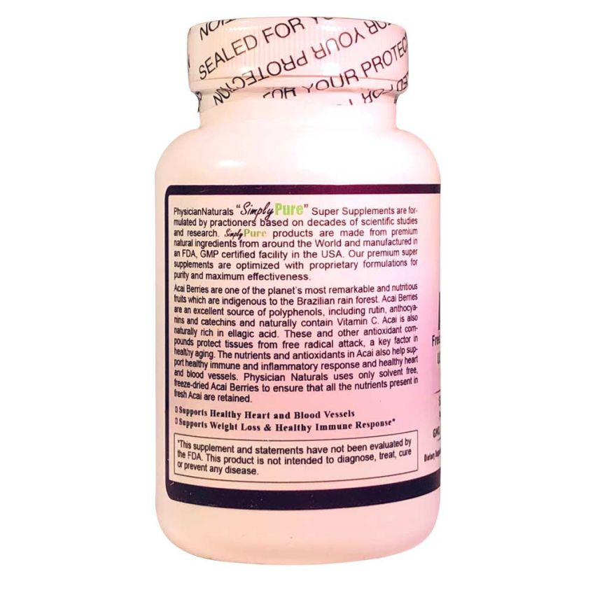 Organic Acai Berry 1000mg-100 Vcaps Freeze Dried Pure Acai Berries — Ultimate Super Fruit Contains Antioxidants & Fiber Strengthen Immune System