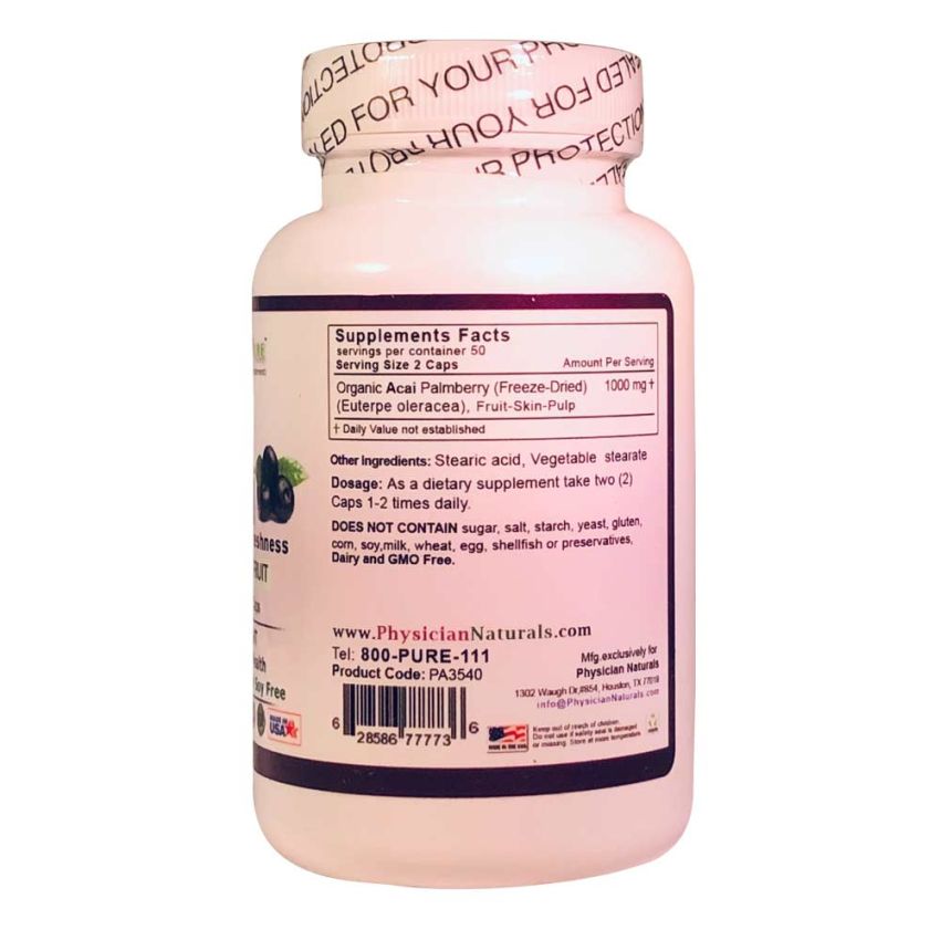 Organic Acai Berry 1000mg-100 Vcaps Freeze Dried Pure Acai Berries — Ultimate Super Fruit Contains Antioxidants & Fiber Strengthen Immune System