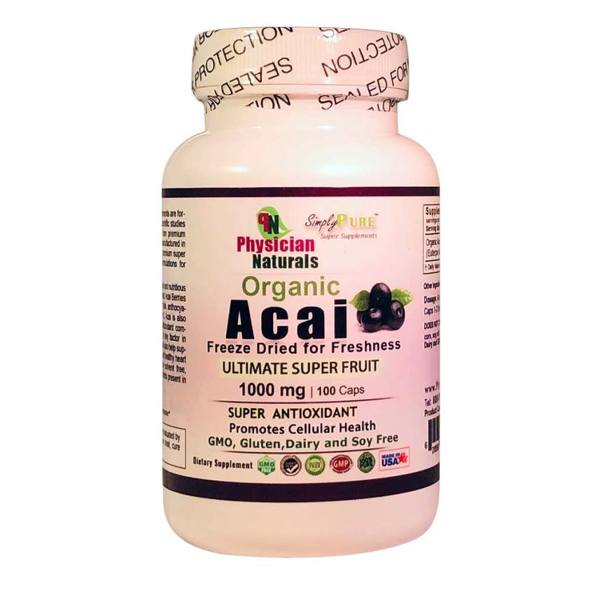 Organic Acai Berry 1000mg-100 Vcaps Freeze Dried Pure Acai Berries — Ultimate Super Fruit Contains Antioxidants & Fiber Strengthen Immune System