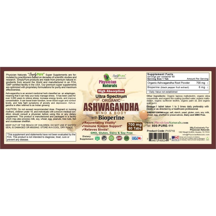 Organic Ashwagandha with Bioperine 700 mg High Absorption Ultra Spectrum  Mind & Body