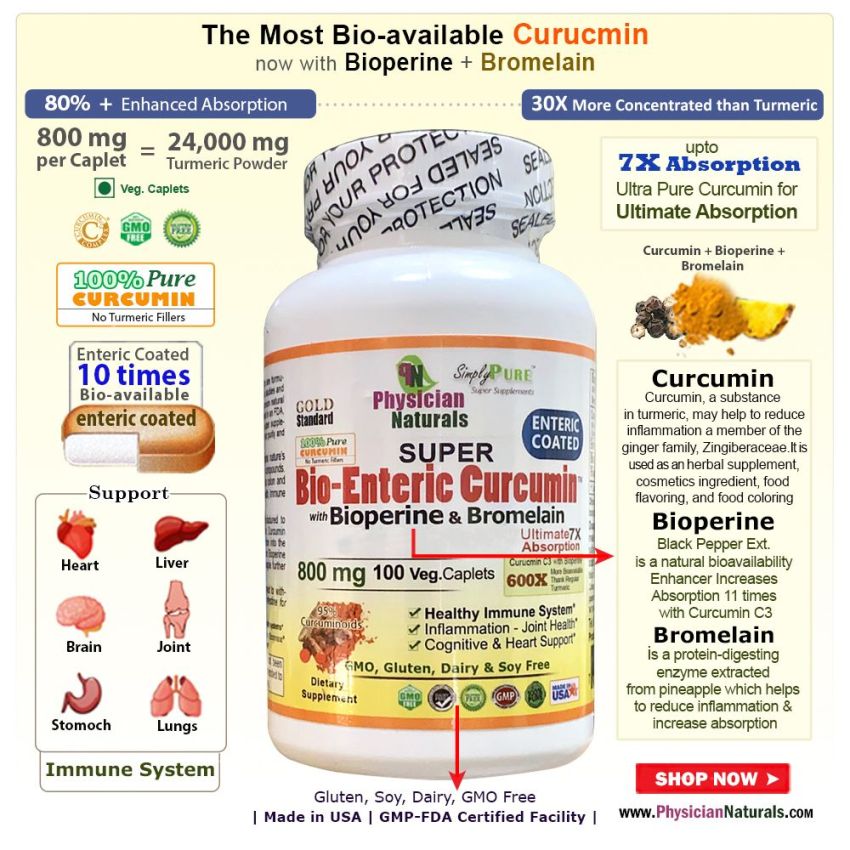 Super Bio Enteric Curcumin with Bioperine and Bromelain Enteric Coated 800 mg 100 Veg Caplets The Most Bioavailable Pure Turmeric Extract  Cognitive Immune Heart Health