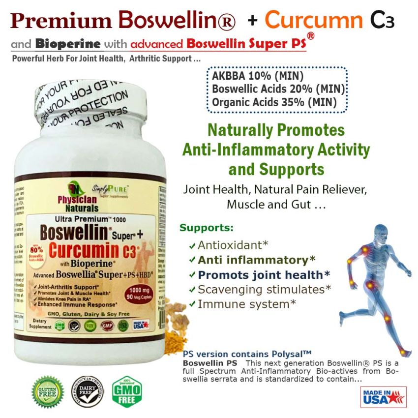 Premium Boswellin Super PS and Curcumin C3 with Bioperine 1000 mg 90 tabs Ultra Formulation supports Arthritis Joints Intestinal and Immune Health