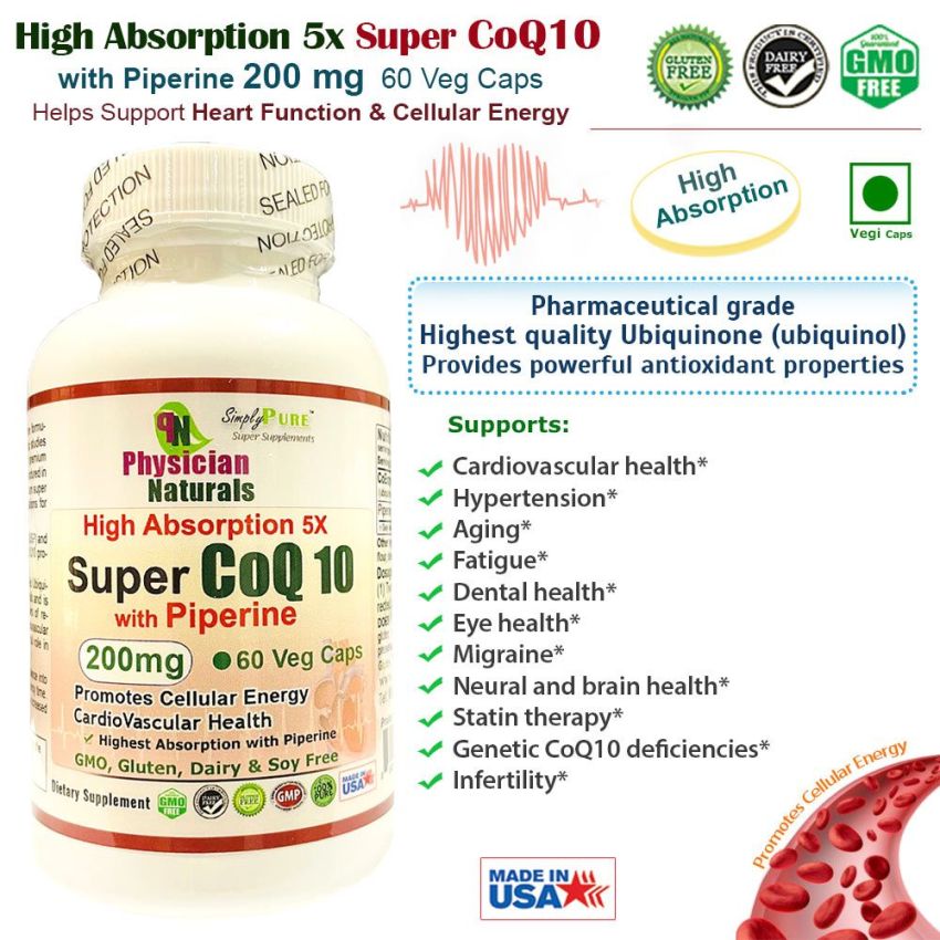 Super CoQ10 with Piperine 5X High Absorption 200 mg Veg Capsules 98% Coenzyme Q10 Sustained Cellular Energy