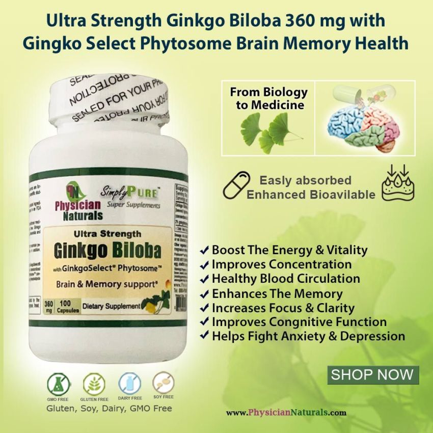 Ultra Strength Ginkgo Biloba 360 mg 100 Caps with Gingko Select Phytosome Brain Memory Health