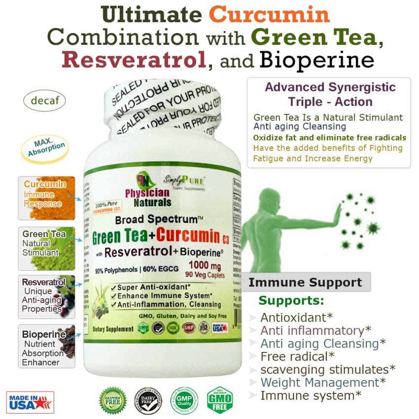 Green Tea and Curcumin C3 w Resveratrol Bioperine 1000mg Advanced Synergy supports Immune Gut and Digestive Health and  healthy aging