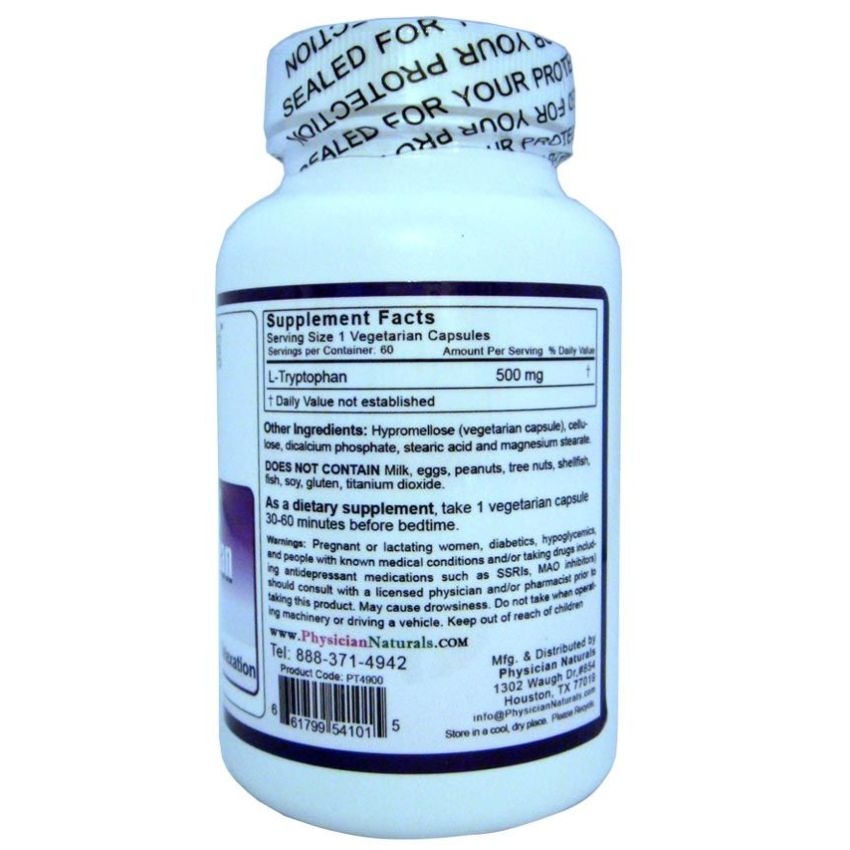 Pharmaceutical-grade High Potency L-Tryptophan 500mg  60 Veg Caps