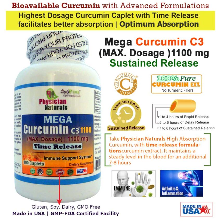 Mega Curcumin C3 1100 mg Sustained Time Release Max Dosage Each caplet equals 33,000 mg Turmeric Powder Promotes Immune and Joint Health