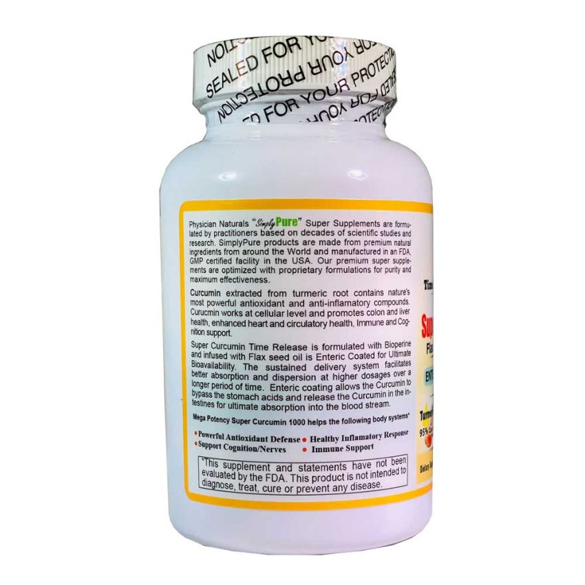 Mega Potency Super Curcumin 1000 mg Time Release Enteric Coated with Bioperine Flax Seed Oil 10x Absorption and 90%+ Enhanced Bioavailability