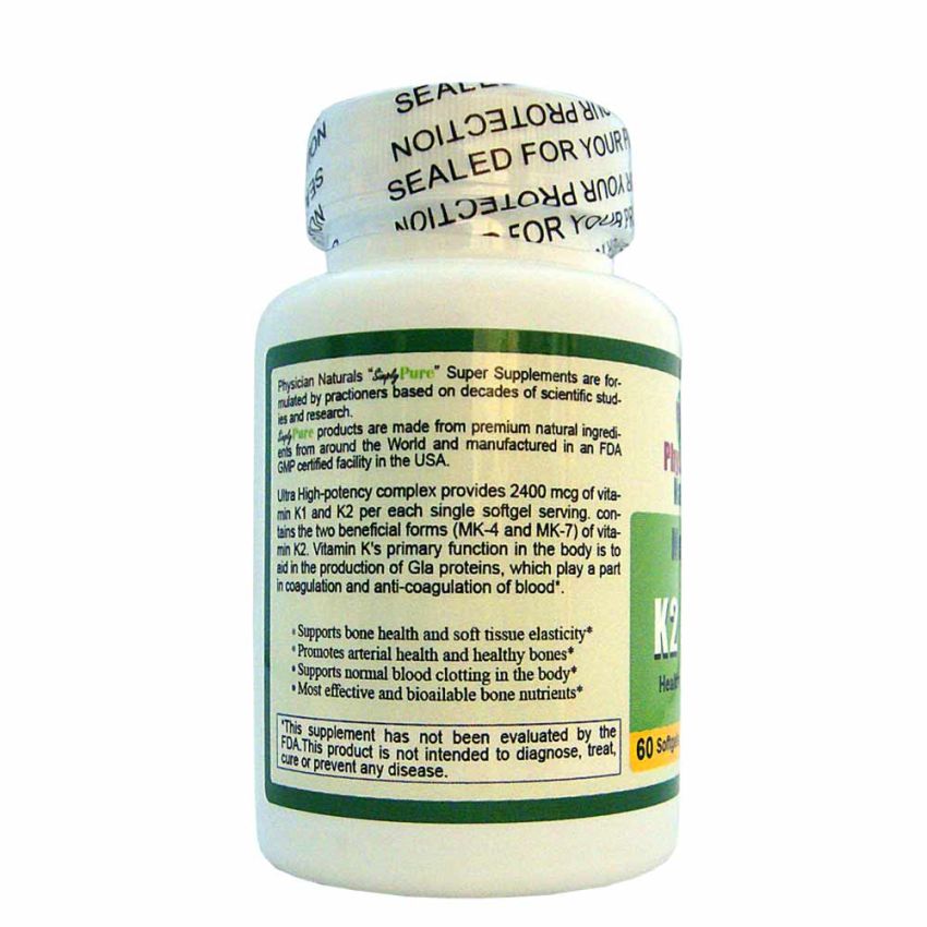 Highest Potency Vitamin K with Advanced K2 Complex 2400mcg Softgels All Natural K includes Phylloquinone (Vitamin K1) and Menaquinones (Vitamin K2) as phylloquinone (Vitamin K1) and Menaquinones (Vitamin K2) 