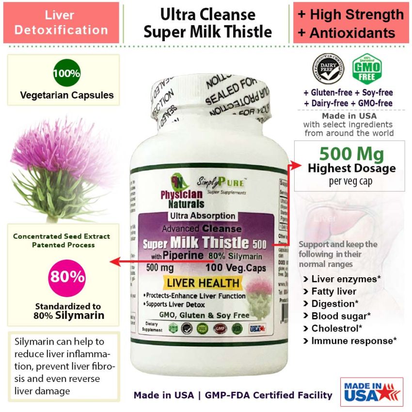 Ultra Cleanse Super Milk Thistle 500 mg per cap 100 Veg.Caps 80% Silymarin Enhances Liver Health