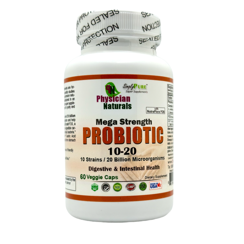 Mega Strength ProBiotic 10-20 with Nutra Flora Veg Caps 10 key Strains 20 Billion Micro Organisms Per Serving Digestive and Intestinal Support