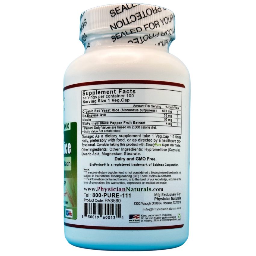 Premium Organic Red Yeast Rice with CoQ10 Piperine 600 mg High Absorption  Cholest Complex 100 Veg Capsules