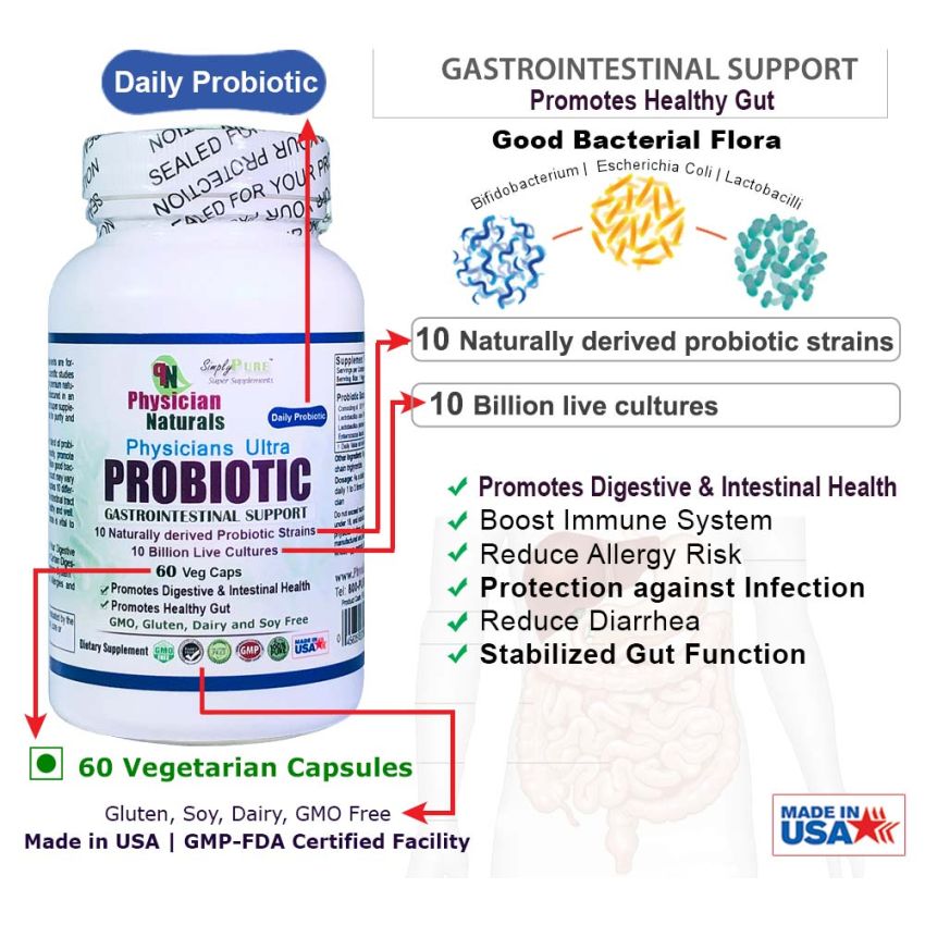 Physicians Ultra PROBIOTIC  Vegetarian Capsules 10 Billion Live Cultures 10 Strains of Good Bacteria Digestive and Gastrointestinal Support