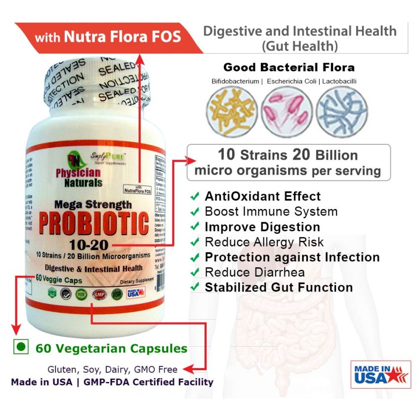Mega Strength ProBiotic 10-20 with Nutra Flora Veg Caps 10 key Strains 20 Billion Micro Organisms Per Serving Digestive and Intestinal Support