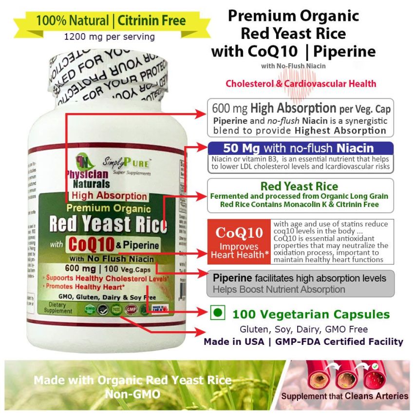 Premium Organic Red Yeast Rice with CoQ10 Piperine 600 mg High Absorption  Cholest Complex 100 Veg Capsules