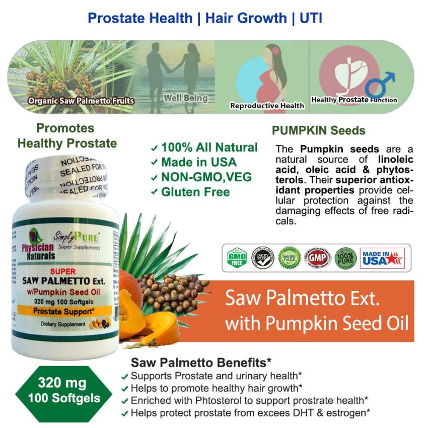 Super Saw Palmetto Extract With Pumpkin Seed Oil 320 Mg 100 Soft-gels Antioxidant Properties Support Prostate Hair UTI