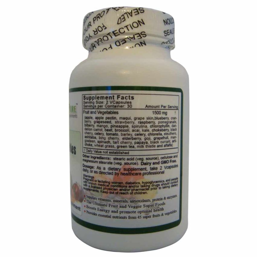 Ultimate Fruits & Vegetable Super Food 1500 mg Complex Advanced Synergistic Blend of phytonutrients from 45 super fruits and vegetables. Each Serving of 1500 mg is Equivalent to 3-5 Servings of Vegetables and Fruits Per Day