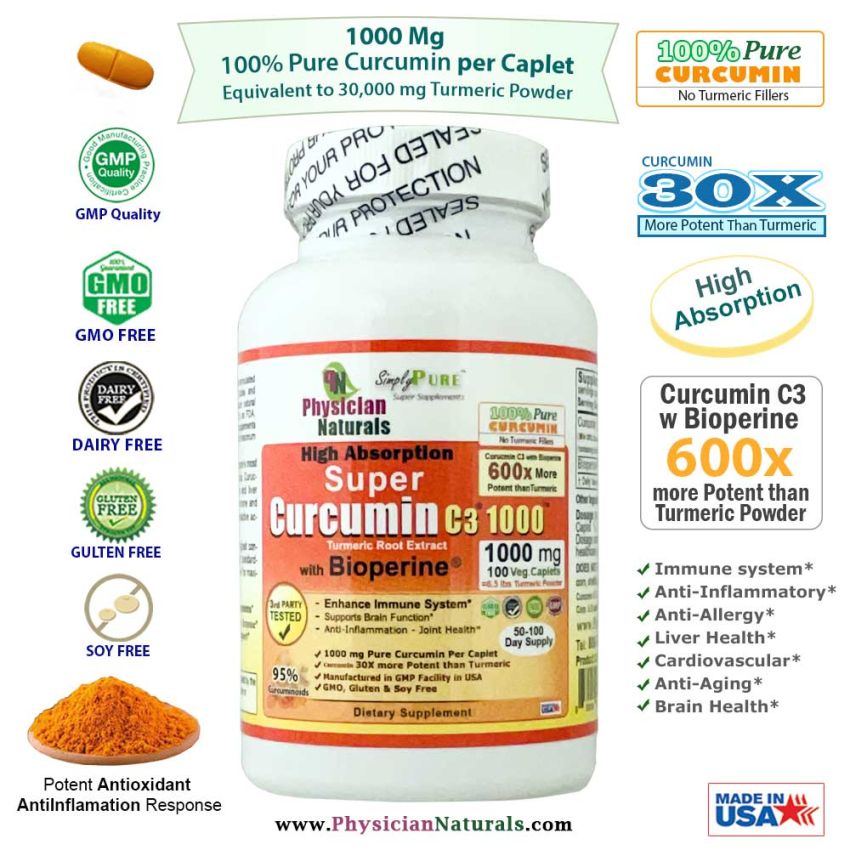 High Absorption Super Curcumin C3 1000mg with Bioperine 600x more Potent than Turmeric Powder Promotes Immune Inflammation Cognitive Health