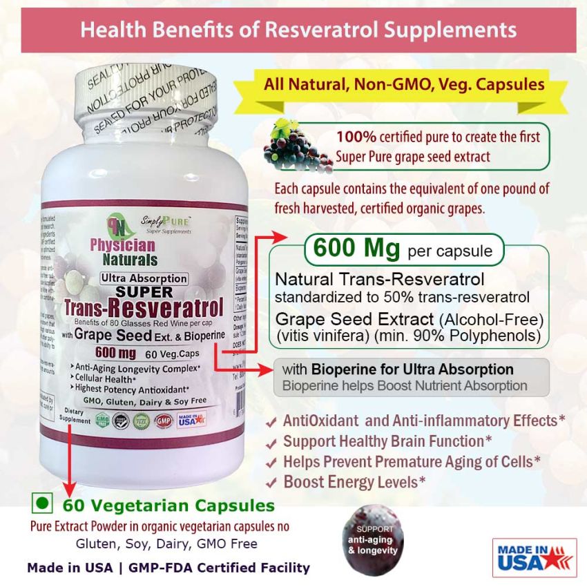 Ultra Absorption Super Resveratrol with Grape Seed Ext. and Bioperine 600 mg per veggie cap Anti-aging Antioxidant Immune Support