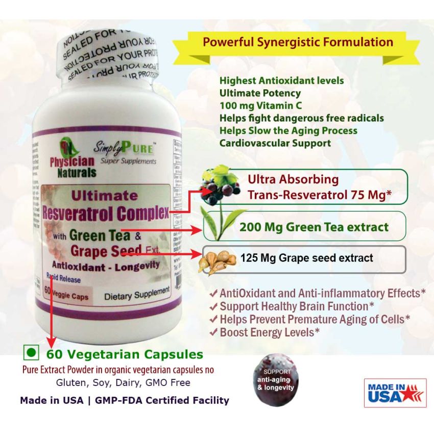 Ultimate Resveratrol Complex with Vitamin C, Green Tea & Grape Seed Extract Vegetarian Formula Antioxidant - Longevity Powerful Synergistic Formulation 