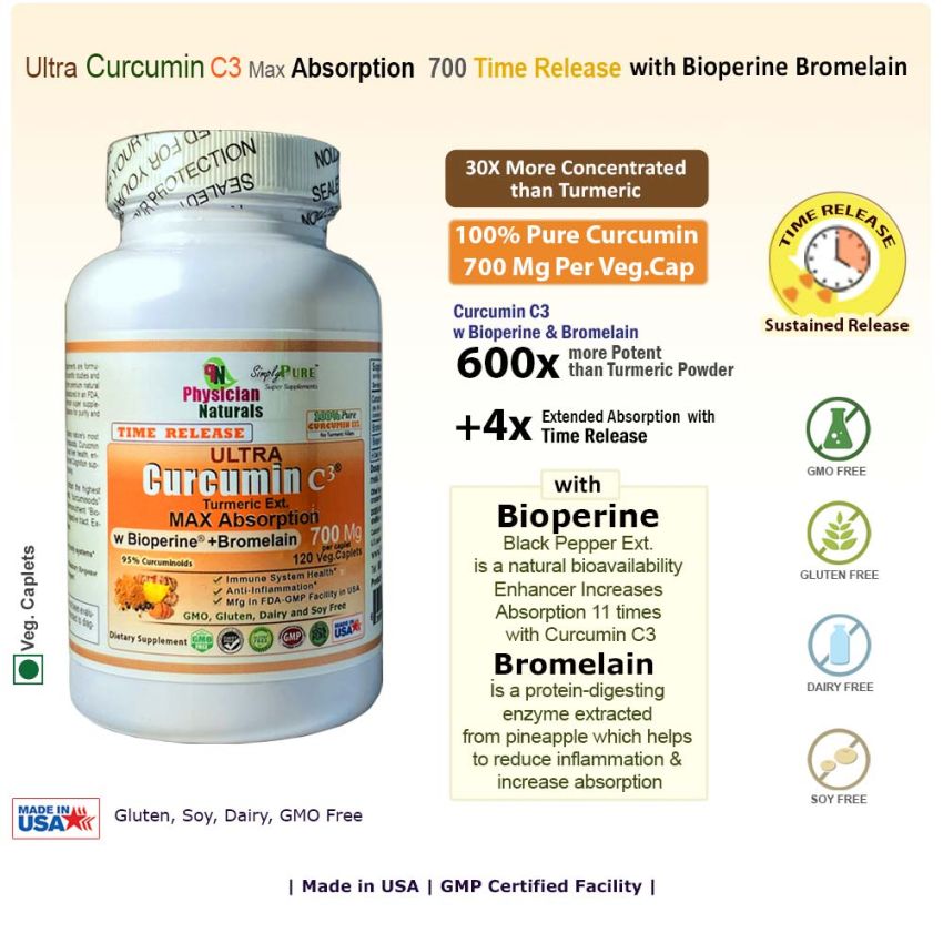 Ultra Curcumin C3 Max Absorption 700mg Time Release with Bioperine and Bromelain 100 tabs