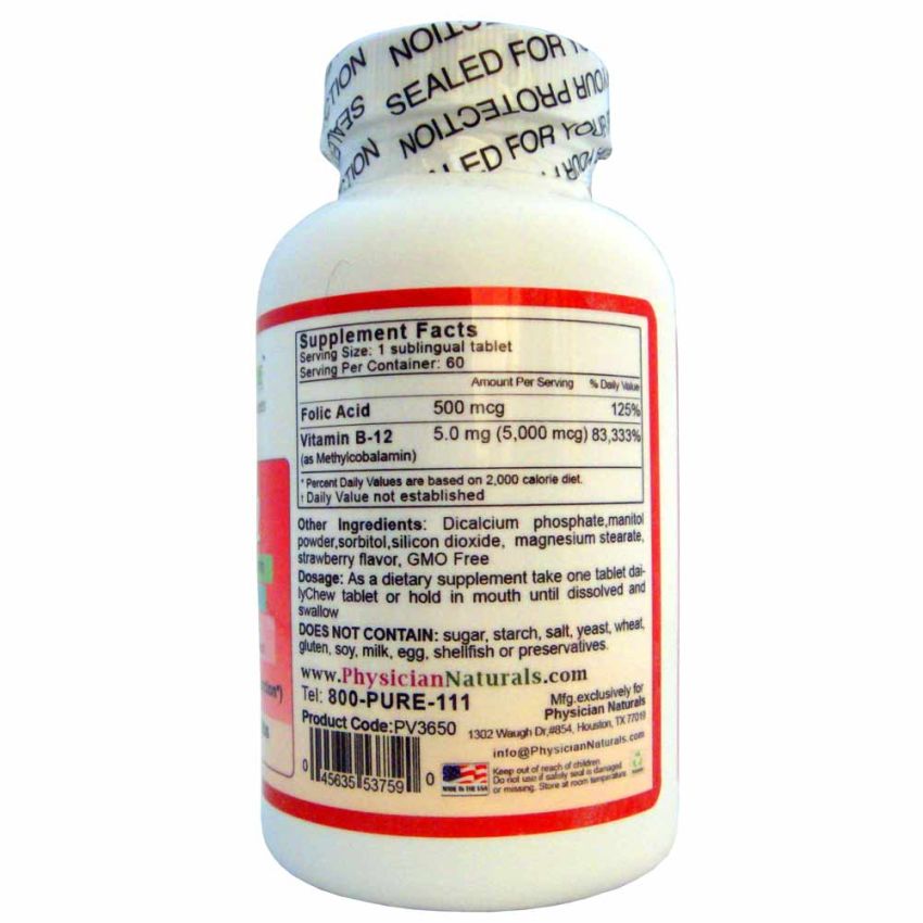    Ultra Absorption Mega Vitamin B-12 with Folic Acid as Methylcobalamin Highest Dosage 5000 mcg 60 Sublingual Lozenges Strawberry Flavor B12 is Essential for Good Health