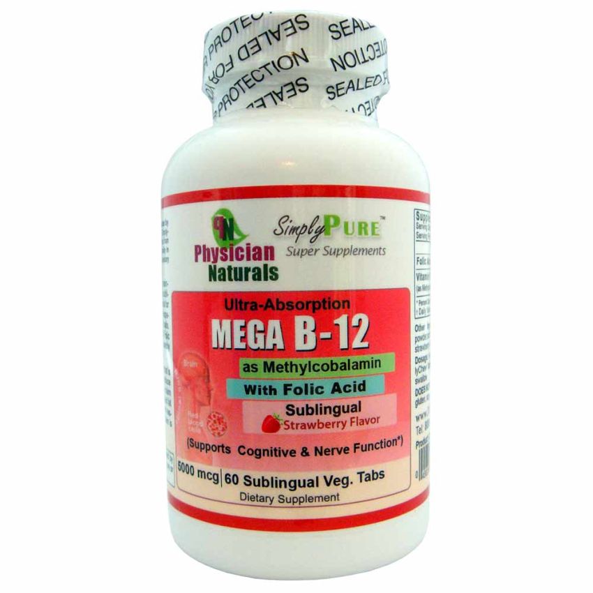    Ultra Absorption Mega Vitamin B-12 with Folic Acid as Methylcobalamin Highest Dosage 5000 mcg 60 Sublingual Lozenges Strawberry Flavor B12 is Essential for Good Health