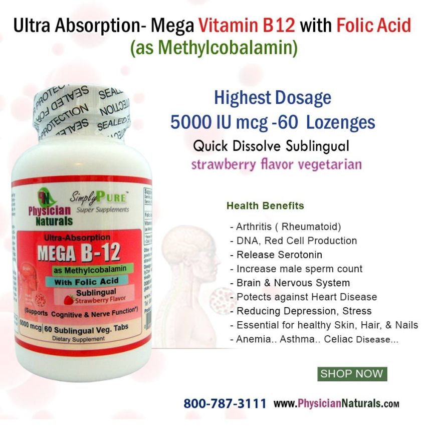    Ultra Absorption Mega Vitamin B-12 with Folic Acid as Methylcobalamin Highest Dosage 5000 mcg 60 Sublingual Lozenges Strawberry Flavor B12 is Essential for Good Health