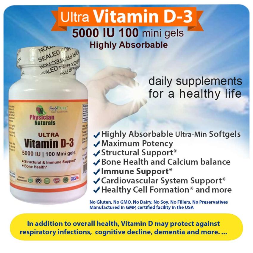 Ultra Vitamin D3 5000 IU Maximum Potency 100 Minigels Highly Absorbable Promotes Immune Bone Muscle and Cardiovascular System Support