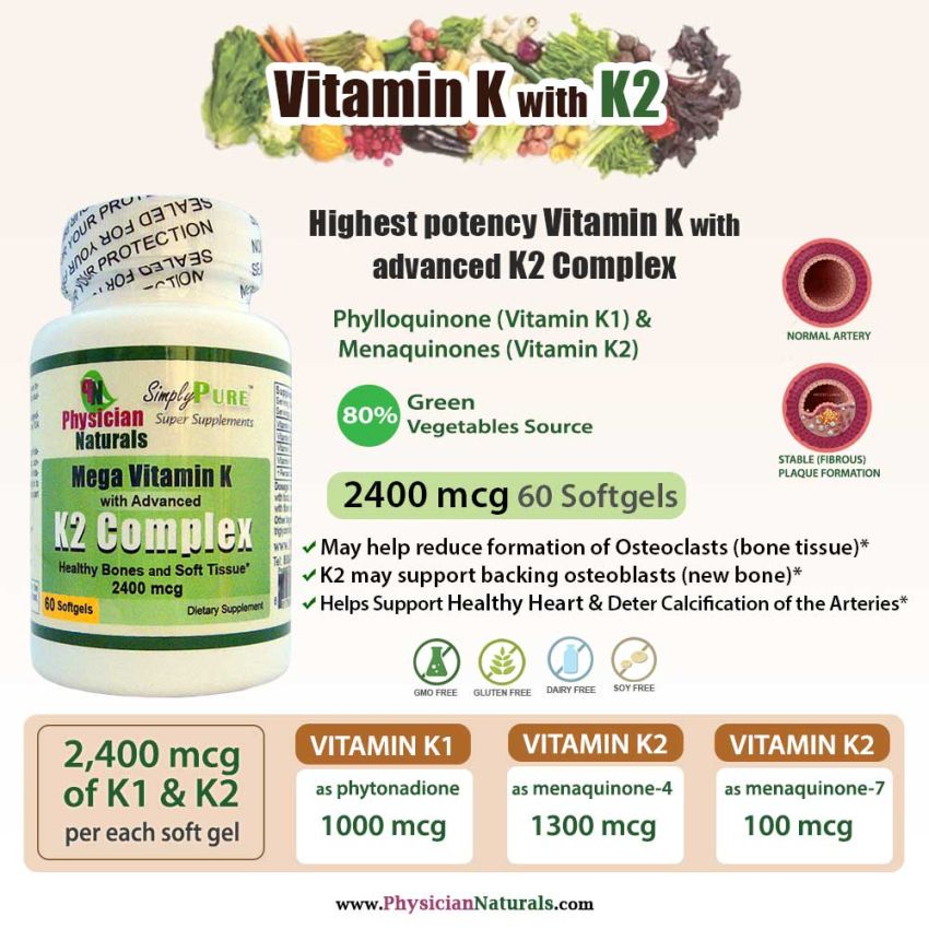 Highest Potency Vitamin K with Advanced K2 Complex 2400mcg Softgels All Natural K includes Phylloquinone (Vitamin K1) and Menaquinones (Vitamin K2) as phylloquinone (Vitamin K1) and Menaquinones (Vitamin K2) 