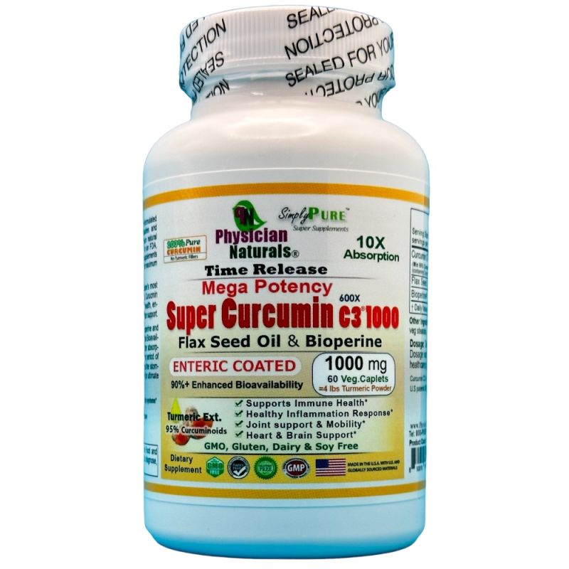 Mega Potency Super Curcumin 1000 mg Time Release Enteric Coated with Bioperine Flax Seed Oil 10x Absorption