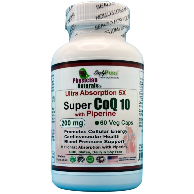 Super CoQ10 with Piperine 5X High Absorption 200 mg Veg Capsules 98% Coenzyme Q10