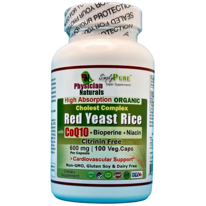 Premium Organic Red Yeast Rice with CoQ10 Piperine 600 mg High Absorption Cholest Complex 100 Veg Capsules